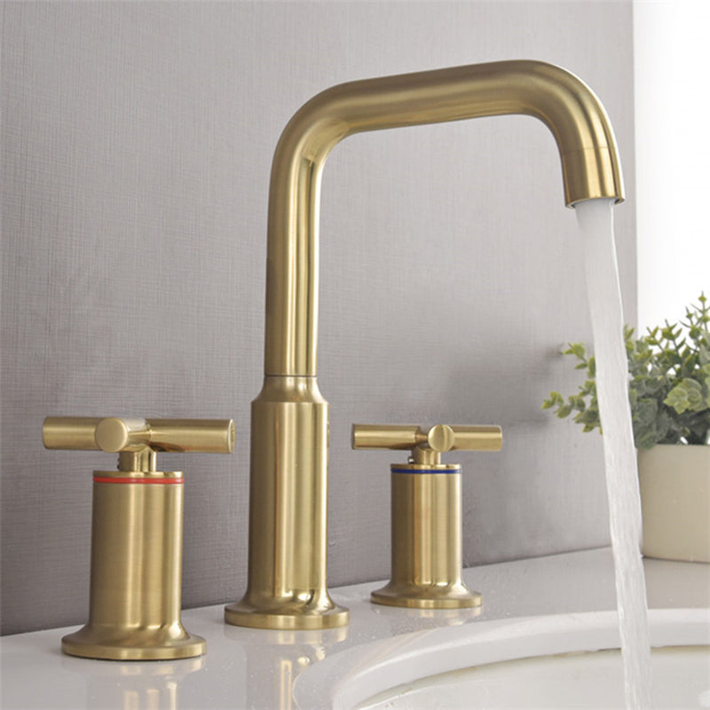 Brushed Gold Three Hole Waterfall Widespread Bathroom Sink Faucet