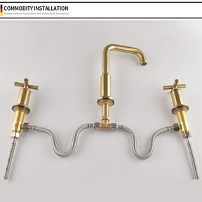 Brushed Gold Three Hole Waterfall Widespread Bathroom Sink Faucet